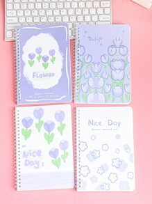 M O K A 4pcs/set A5 Spiral Notebook With Cute Flower Pattern, 60 Sheets Of Lined Pages, Ideal For Office And School Supplies - Blue - View 1