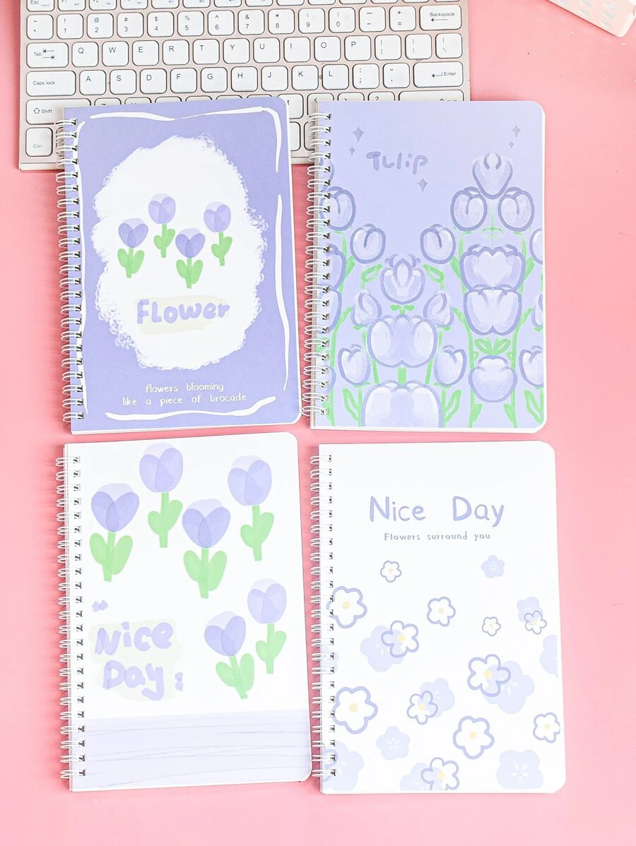 M O K A 4pcs/set A5 Spiral Notebook With Cute Flower Pattern, 60 Sheets Of Lined Pages, Ideal For Office And School Supplies - Blue - View 1