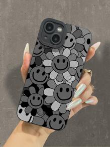 1pc Eye Pattern Black Soft Case With Flower Print, Full Cover Protection, Unisex, Cute Cartoon Design, Compatible With Iphone11/12/13/14/6/6s/6plus/7/8/Se/7plus/8plus/X/Xs Max/Xr/11pro/12pro/13pro/14pro/12mini/13mini/11promax/12promax/13promax/14promax/14plus - Black - View 1