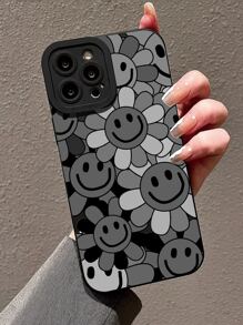 1pc Eye Pattern Black Soft Case With Flower Print, Full Cover Protection, Unisex, Cute Cartoon Design, Compatible With Iphone11/12/13/14/6/6s/6plus/7/8/Se/7plus/8plus/X/Xs Max/Xr/11pro/12pro/13pro/14pro/12mini/13mini/11promax/12promax/13promax/14promax/14plus - Black - View 2