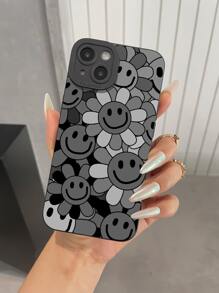 1pc Eye Pattern Black Soft Case With Flower Print, Full Cover Protection, Unisex, Cute Cartoon Design, Compatible With Iphone11/12/13/14/6/6s/6plus/7/8/Se/7plus/8plus/X/Xs Max/Xr/11pro/12pro/13pro/14pro/12mini/13mini/11promax/12promax/13promax/14promax/14plus - Black - View 3