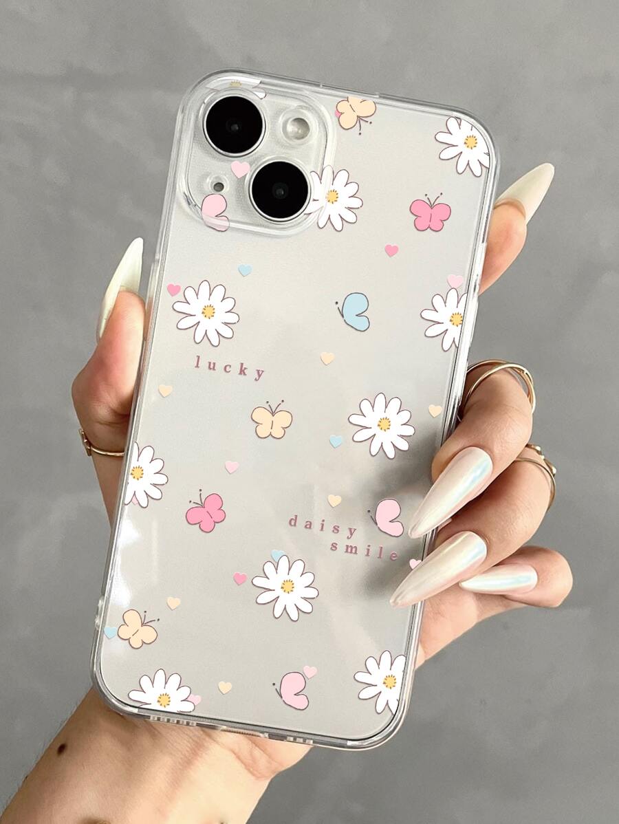 1pc Shockproof Transparent Soft Case With Precise Hole And Cute Butterfly & Flower Print, Compatible With Samsung/Iphone Models - Multicolor - View 1