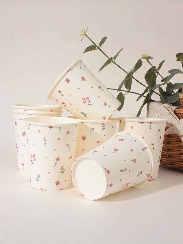Set de 8 vasos desechables de papel con diseños de flores y campo, de temática vegetal, adecuados para cualquier ocasión estacional