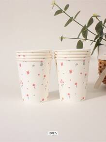 Set de 8 vasos desechables de papel con diseños de flores y campo, de temática vegetal, adecuados para cualquier ocasión estacional