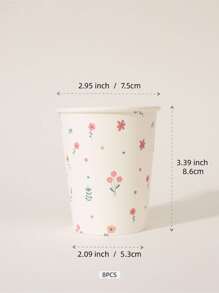 Set de 8 vasos desechables de papel con diseños de flores y campo, de temática vegetal, adecuados para cualquier ocasión estacional