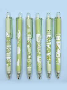 6入組/套青蛙設計圓珠筆,可愛黑色墨水凝膠墨水鋼筆帶卡通圖片 - 綠色 - 查看 1