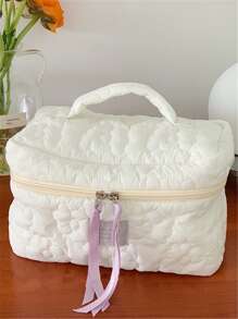 1pc Flower Quilted Makeup Bag - White - View 10