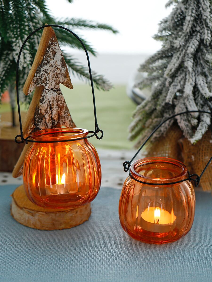 6pcs Orange Glass Pumpkin Tea Light Candle Holders For Decoration - Orange - View 1