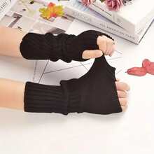 2pcs/set Knitted Fingerless Gloves Women's Punk Style Thumb Hole Arm Warmers - White - View 2