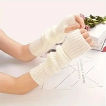 2pcs/set Knitted Fingerless Gloves Women's Punk Style Thumb Hole Arm Warmers - White - View 3