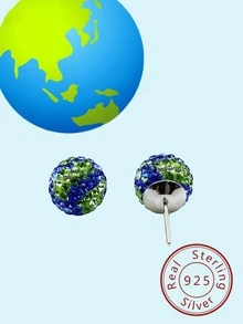 1雙純銀時尚地球形狀耳釘帶發亮的球&水晶適用於女性日常穿著