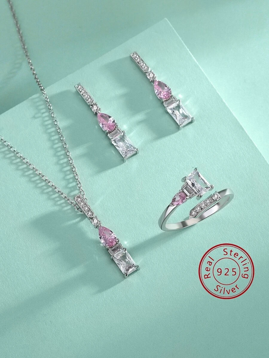 時尚和簡約風S925銀氧化鋯吊墜項鍊,耳環,圓環,首飾套裝