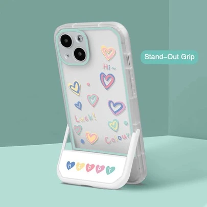 可爱爱心图案支架手机壳，透明设计，内置隐形支架，萌系防震防摔防刮，周年纪念礼物