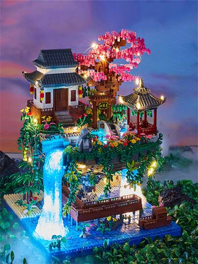 Building Block Toy Micro Particles For Boys & Girls, Peach Blossom Pond Model, Large Size, High-Difficulty, Educational Toy Room Decoration