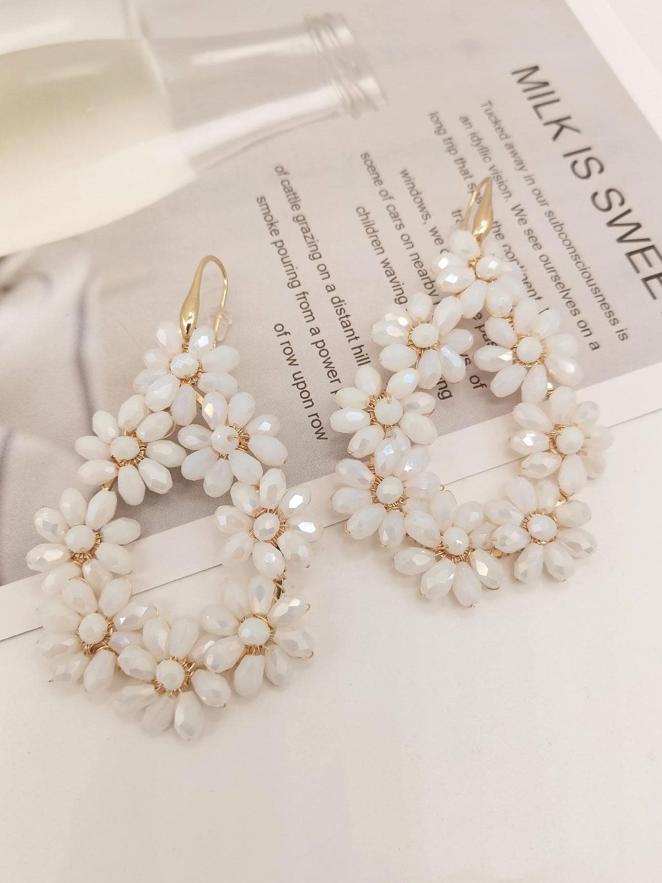 1 Cặp bông tai đan bằng pha lê phong cách Mori thủ công 8 bông, hoa tai thanh lịch cho tiệc - trắng - Xem 1