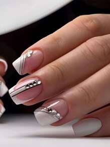 法式線條圖案24入組短方形指甲美甲套裝 - 彩色 - 查看 1