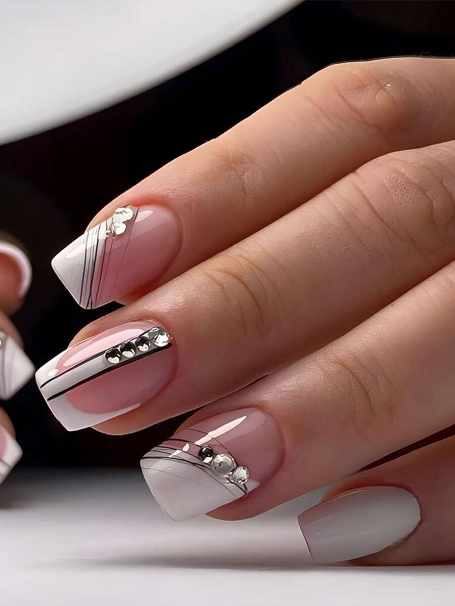 法式線條圖案24入組短方形指甲美甲套裝 - 彩色 - 查看 1