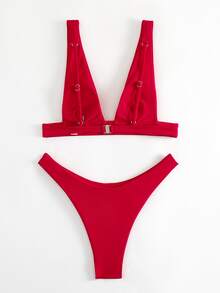 Fashion Sexy High Cut Beach Bikini Set - Red - View 2