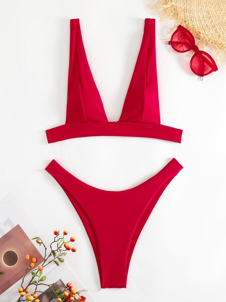 Juego de bikini de playa sexy con corte alto de moda - Rojo - Ver 1