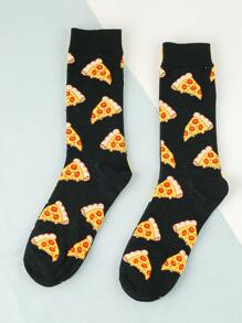 1pair Men's Novelty Pizza Print Mid-Calf Socks, Fall - Multicolor - View 1