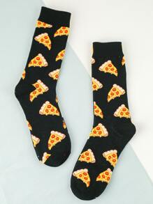 1pair Men's Novelty Pizza Print Mid-Calf Socks, Fall - Multicolor - View 3