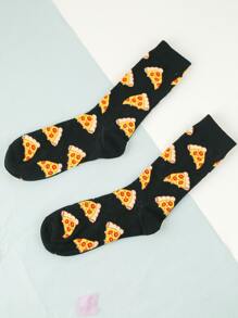 1pair Men's Novelty Pizza Print Mid-Calf Socks, Fall - Multicolor - View 2