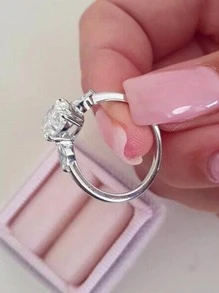 1入組經典鍍銀訂婚戒指帶白色方晶鋯石石頭&吊墜橢圓形水晶女性結婚戒指 - 銀色 - 查看 2