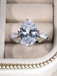 1入組經典鍍銀訂婚戒指帶白色方晶鋯石石頭&吊墜橢圓形水晶女性結婚戒指 - 銀色 - 查看 3