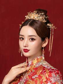 1 Set Bride Wedding Crown Headpiece With Crystal Rhinestone Hair Stick For Chinese Tradition & Ming Dynasty Style Gowns - Gold - View 2