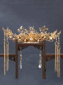 1 Set Bride Wedding Crown Headpiece With Crystal Rhinestone Hair Stick For Chinese Tradition & Ming Dynasty Style Gowns - Gold - View 4