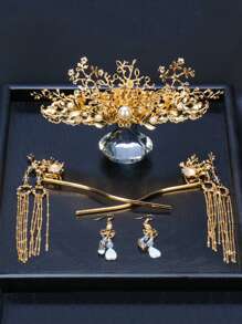 1 Set Bride Wedding Crown Headpiece With Crystal Rhinestone Hair Stick For Chinese Tradition & Ming Dynasty Style Gowns - Gold - View 5