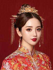 1 Set Bride Wedding Crown Headpiece With Crystal Rhinestone Hair Stick For Chinese Tradition & Ming Dynasty Style Gowns - Gold - View 3