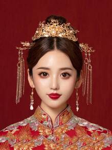 1 Set Bride Wedding Crown Headpiece With Crystal Rhinestone Hair Stick For Chinese Tradition & Ming Dynasty Style Gowns - Gold - View 1