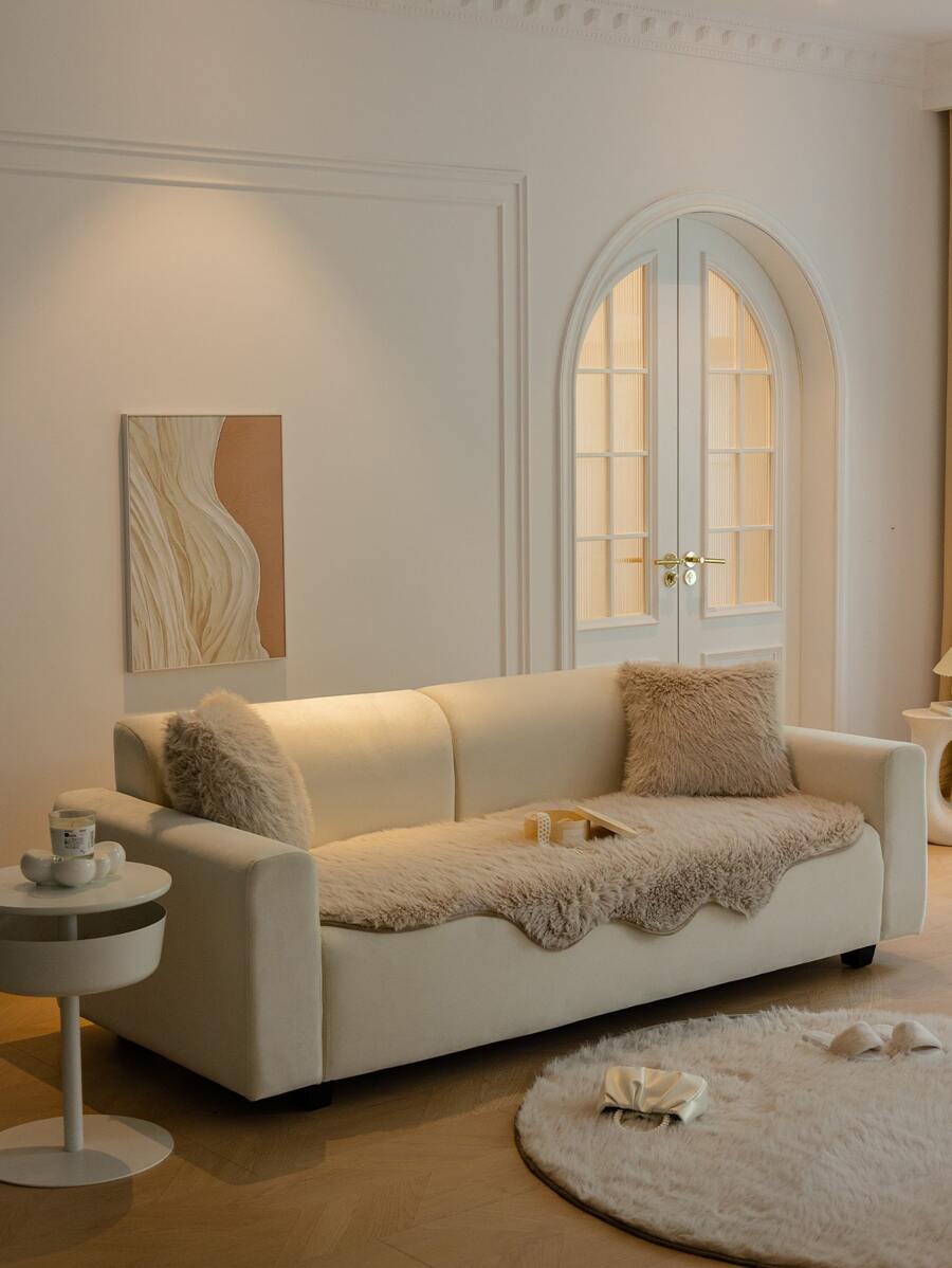 1入組北歐ins風格長毛絨沙發墊,附有防滑功能,加厚不規則形狀提供額外的舒適感,適合秋冬季使用,為淺咖啡色 - 杏色 - 查看 1