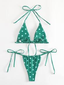 時尚性感波點綁頸三角鋼圈連帶泳衣套裝 - 綠色 - 查看 2