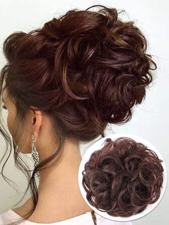 Perruque anneau en cheveux synthétiques Nouveaux chouchous en cheveux Chignon élastique fait de cheveux Chignon bouclé brun foncé en désordre Postiche de queue de cheval