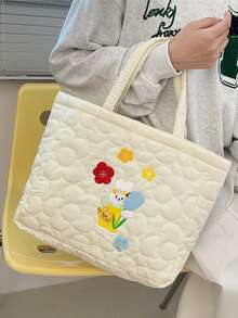 Bolso tote cosido con dibujos animados con patrón de conejo dulce dama - Beis - Ver 2