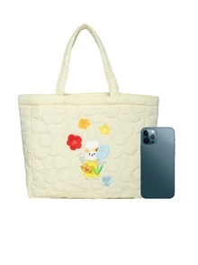 Bolso tote cosido con dibujos animados con patrón de conejo dulce dama - Beis - Ver 3