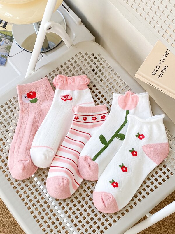 5pairs/Set Pink Jacquard Lace Short Socks For  Preppy Style Floral Based Thin Socks, Breathable & Moisture Wicking