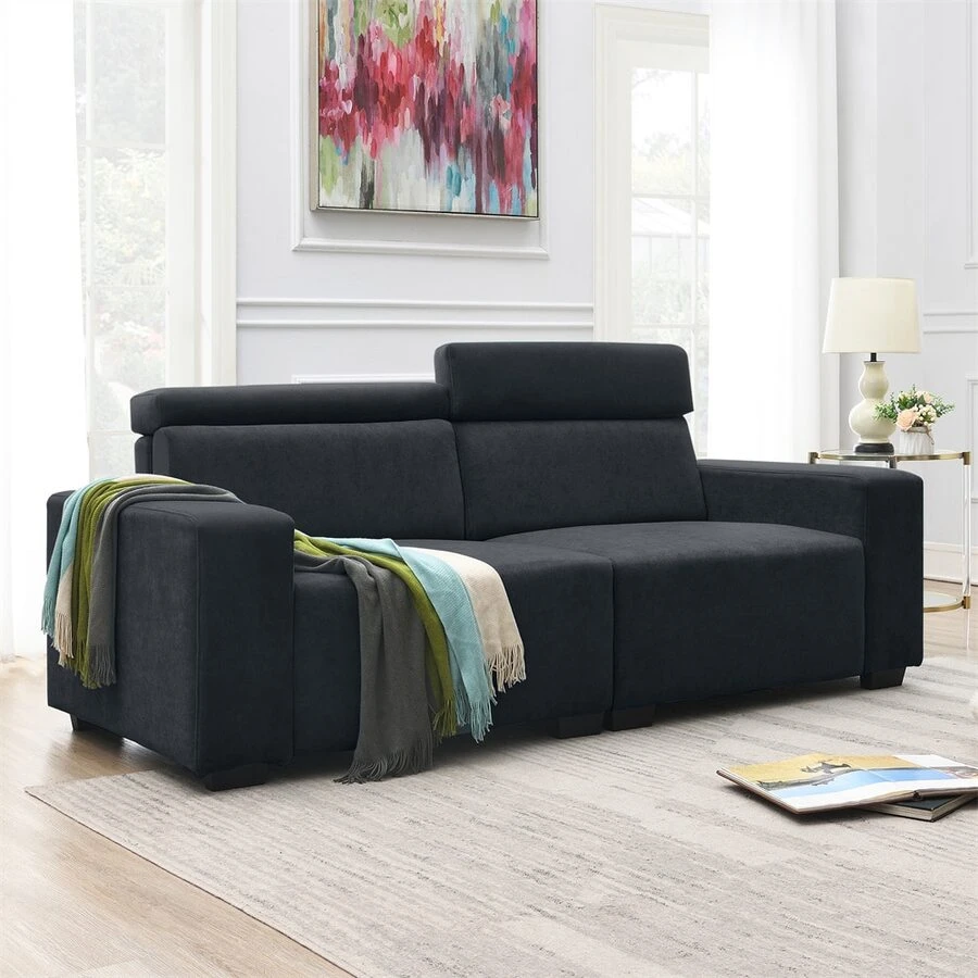 2-Seater Sectional Sofa Couch With Multi-Angle Adjustable Headrest, Spacious And Comfortable Velvet Loveseat For Living Room,Studios, Salon - màu đen - Xem 1