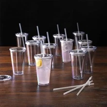 1入組透明450毫升玻璃杯，帶吸管和蓋子，簡單便攜式飲用水瓶 - 無色 - 查看 1