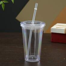 1入組透明450毫升玻璃杯，帶吸管和蓋子，簡單便攜式飲用水瓶 - 無色 - 查看 6