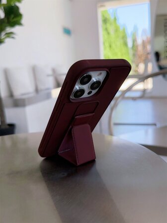 Burgundy Apple Solid Phone Case With Foldable Holder Compatible With IPhone15/15Plus/15Pro/15Promax Waterproof Shockproof Anti-Fall Scratch Resistant