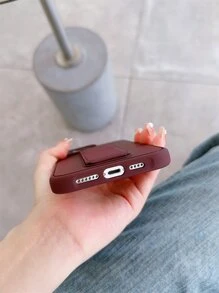 勃艮第苹果纯色手机壳带可折叠支架，适用于 15/15Plus/15Pro/15Promax 防水防震防摔防刮 - 酒紅色 - 查看 4