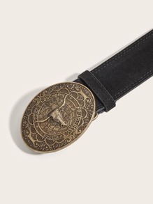 波西米亚风 1 件装女士黑色复古西部风格 PU 雕刻腰带，配牛头扣，适合日常佩戴万圣节夏季、学校秋季、秋季、万圣节 - 黑色 - 查看 2