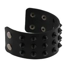 Pulsera de pinchos de PU negro a presión ancha de estilo punk, muñequera para hombres y mujeres, joyería de mano gótica tipo brazalete de roca - Negro - Ver 6