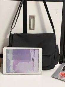 1 件复古风格邮差包斜挎包单肩包背包适合高中生大容量大学包夏季感恩节旅行假期包手提包骑行包腰包露营单肩包返校单肩包夏季包春假包斜挎包学校用品钱包侧包学生新生活用品男士必需品 - 黑色 - 查看 4