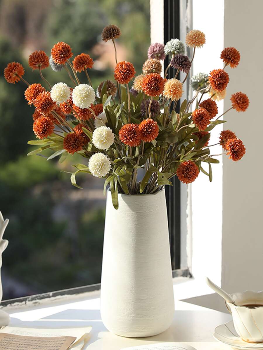 1pc Artificial Dandelion Flower Bouquet With 5 Stems, Autumn Colors, Simulated Flower & Silk Flower, For Living Room & Dining Table Decoration