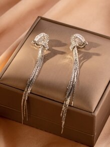 1 对银色长流苏和水钻装饰夹式耳环，无需穿孔，优雅的耳饰，可作为 2023 年新年礼物送给女士