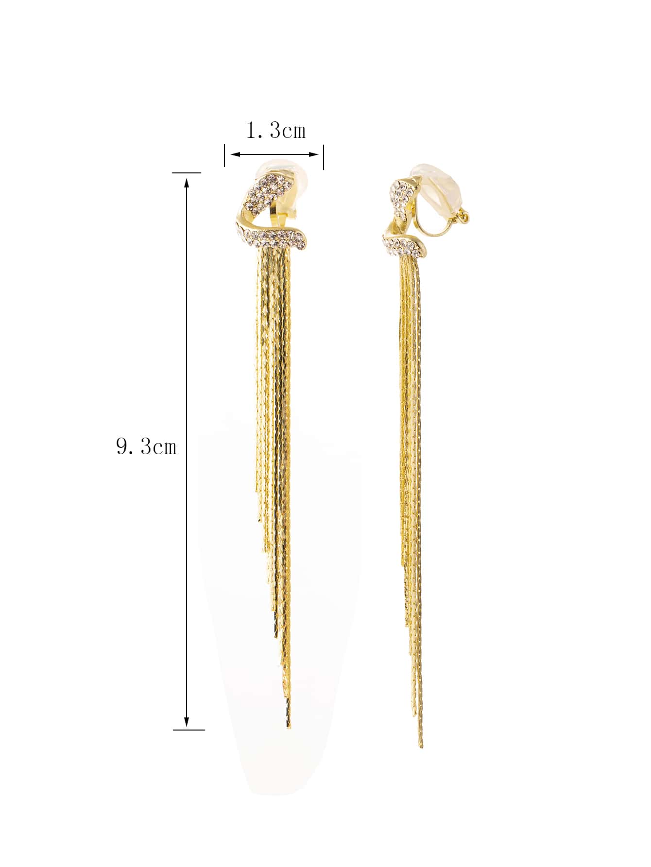 1pair Golden Fashionable Water Droplet Design Long Tassel Clip On Earrings With Rhinestone Decor 2023 New Fashion Ear Ornament For Women's Birthday Gift